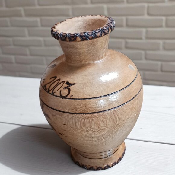 Vintage 2003 Cuba Varadero Wood Vase | Burned Palm Tree Art | Carved Souvenir - Picture 4 of 8